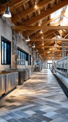 Modern Dairy Parlor Interior with Automated Milking Machines