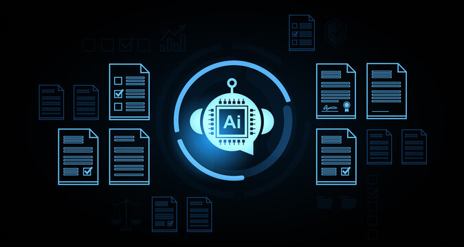 Artificial intelligence document processing and data analysis concept with digital files and neural chip icon in futuristic interface style on dark background. 3D Rendering