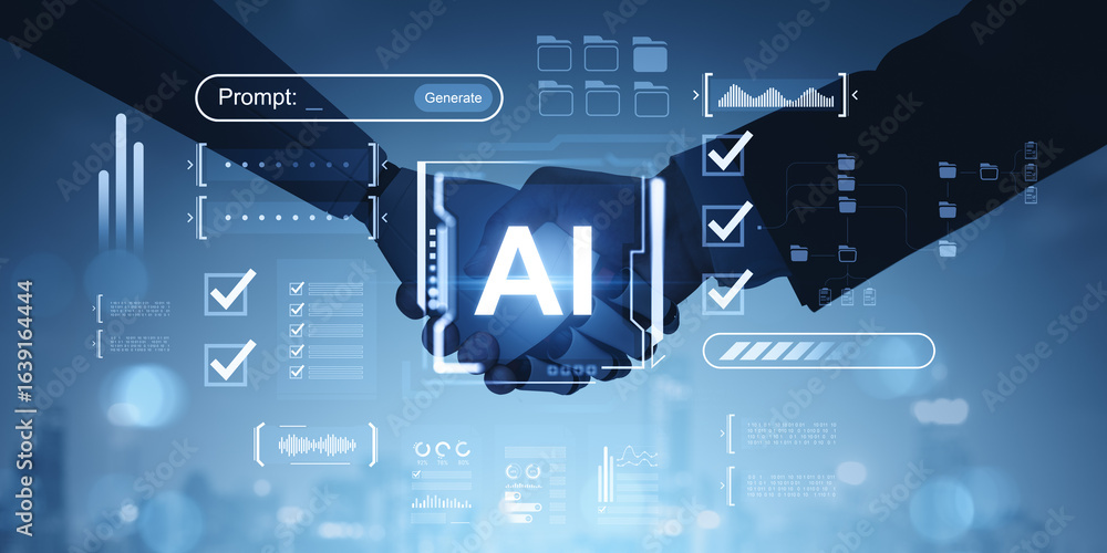 Poster business handshake with ai text and digital interface on futuristic blue background representing art
