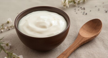 Creamy Yogurt in Brown Bowl with Wooden Spoon and Delicate White Flowers.
