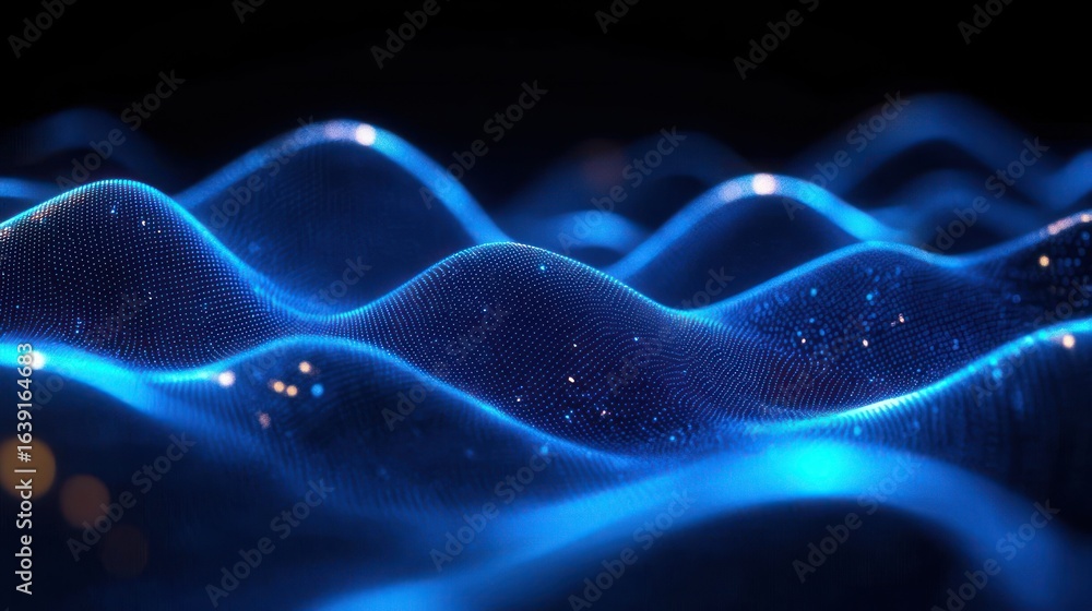 Poster glowing blue digital waveforms with flowing smooth curves and scattered light particles creating a f