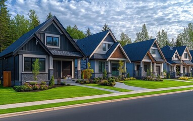 Row of modern suburban houses with well-maintained green lawns under a partly cloudy sky conveying tranquility and neatness