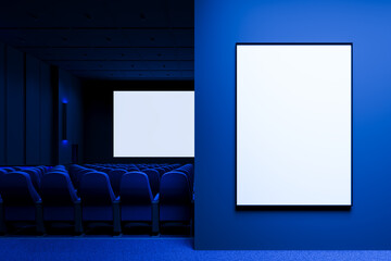 Blank poster mockup on blue wall in modern cinema interior with empty seats and white movie screen...