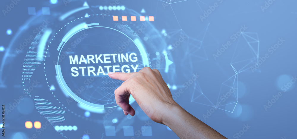 Aufkleber marketing strategy concept with hand interacting with futuristic digital interface on blue backgroun