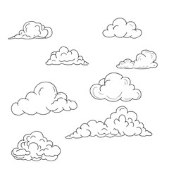 Fluffy clouds of different shapes, black and white sketch. Vector illustration. The concept of natural phenomena, clouds, weather, isolated on a white background. For postcards, prints and textiles