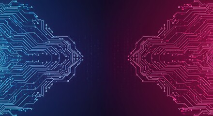 Abstract digital circuitry design, glowing blue and red, symmetrical pattern, technological background.