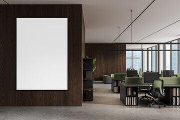 Blank vertical poster mockup in modern office interior with wood wall and open workspace in background, clean and minimal presentation layout. 3D Rendering