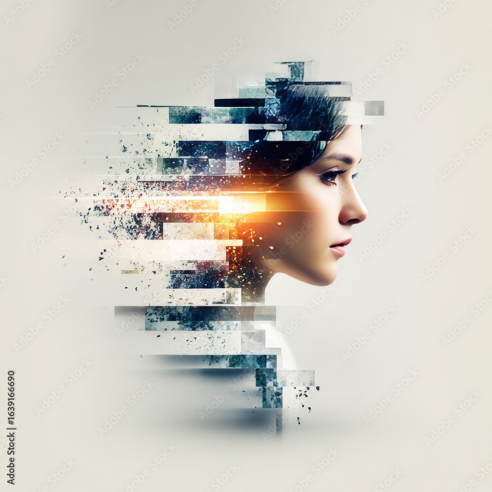 Poster abstract digital portrait: a woman's profile disintegrating into data and light, symbolizing transfo