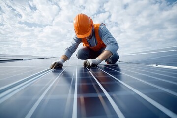 Worker wearing orange safety helmet and vest installing or inspecting large solar panels under cloudy sky