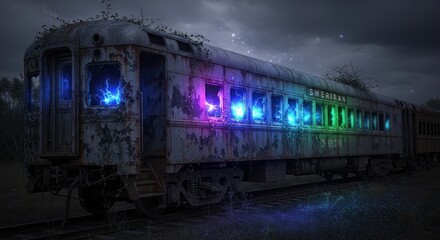 Obraz premium Abandoned Train Car with Electric Lightning in Windows at Night