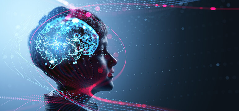 Side profile of a young boy with a digital brain illustration, s