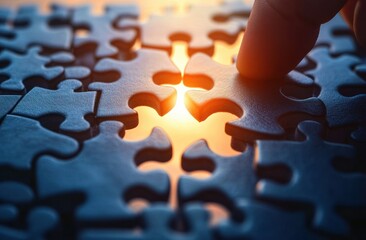 Close-up of a hand placing the final puzzle piece with warm light shining through the gap symbolizing completion and success