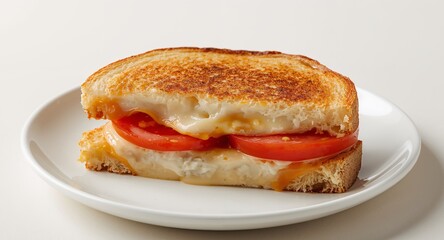 Delicious Grilled Cheese Sandwich with Tomato Slices on a White Plate, Ready to Eat