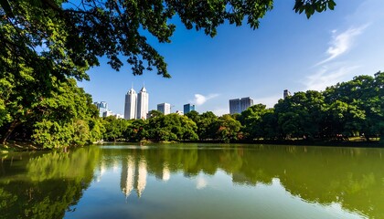 Serene park lake scene with city buildings reflected in calm water.
