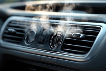 Close-up of a car dashboard air vents releasing visible steam or mist indicating air conditioning or heating in use
