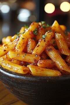 Close-up of a bowl of penne pasta with a tomato-based sauce