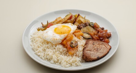 Naklejka premium Delicious Plate with Rice, Fried Egg, Roasted Vegetables, Meat, and Tasty Sauce.