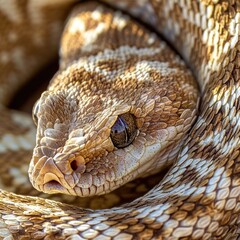 Close-up of a coiled snake, detailed scales and eyes