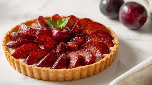 Delicious Plum Tart with Custard Filling and Mint Garnishment, Ready to be Served.