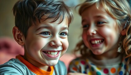A mischievous grin, eyes sparkling, playful teasing between siblings,  close up,  innocent
