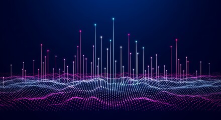 Abstract digital landscape of glowing data points forming peaks and valleys.