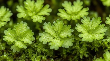 Close-up of tiny, vibrant green plants, resembling moss, with delicate leaf-like structures