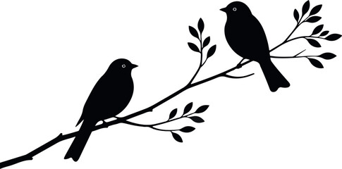 Silhouette of Two Birds Perched on a Branch Against a White Background, Minimalist Wildlife and Nature Illustration