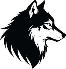 A fierce and majestic profile of a wolf's head, captured in a striking black and white vector illustration, perfect for logos and mascots.