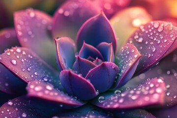 Close-up succulent, vibrant colors, dew drops