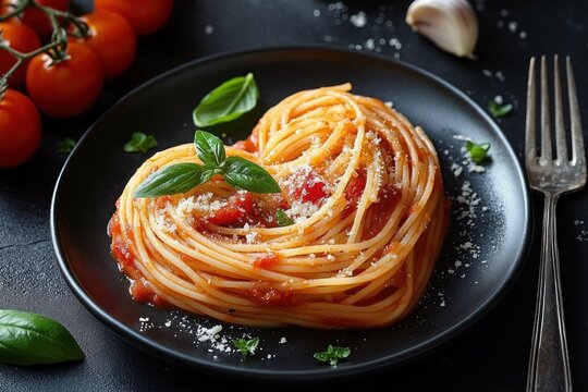 Heart-shaped portion of spaghetti with tomato sauce, sprinkled with grated cheese and garnished with fresh basil leaves on a black plate, evoking warmth and love