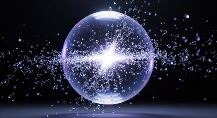 Shattered Sphere: Exploding Glass Orb with Light Burst on Dark Background