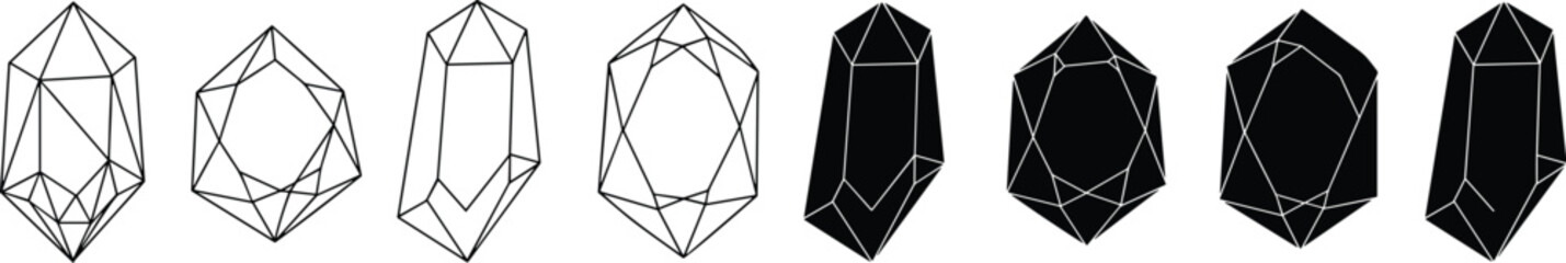 A series of geometric crystal structures, from intricate wireframe to solid black forms, ideal for scientific and abstract design, vector illustration.