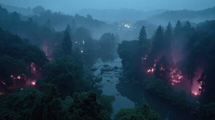 Misty river valley, lit with soft pink lights