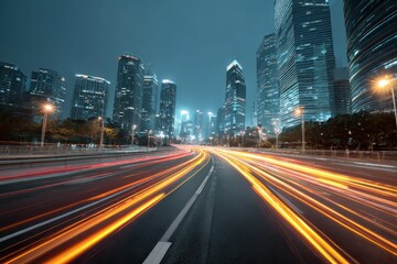 Obraz premium City road illuminated by car traffic light trails surrounded by tall skyscrapers at night