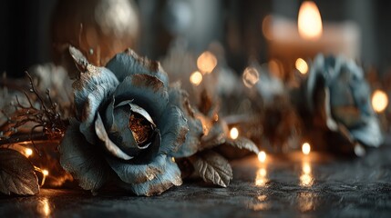 Muted blue roses, golden accents, warm lights