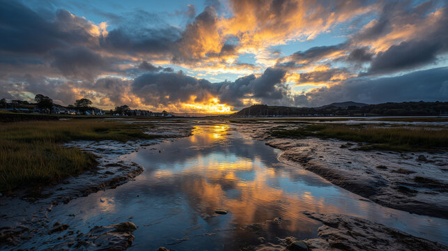 Sky reflections on tidal flats at low tide