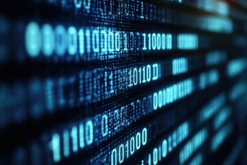 Close-up of glowing binary code digits displayed on a digital screen representing data and technology