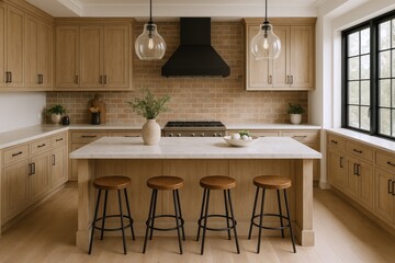 Modern Kitchen Island with Wooden Stools and Brick Backsplash, Showcasing Natural Wood Cabinetry and Elegant Lighting Fixtures
