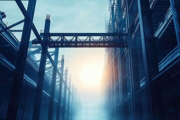 Sunlight shining through a steel-framed construction site with scaffolding and beams on a foggy morning
