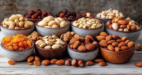 Variety of nuts and dried fruits displayed in ceramic and wooden bowls on wooden surface with rustic background