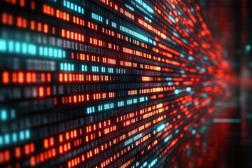 Close-up of colorful illuminated rectangular light patterns in red and blue streaking into the distance creating a dynamic futuristic digital effect