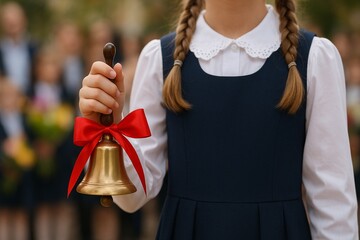 A golden bell in the hand of a girl in a school uniform. Knowledge Day, September 1st. The first and last school bell.