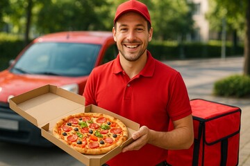 A male courier in a red T-shirt and cap holds a box of pepperoni pizza in the background of the city. Home delivery of food and fast food.