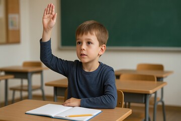 The boy raises his hand to answer and sits at a desk in a classroom at school. A lesson at school. Back to school. Knowledge Day, September 1st.