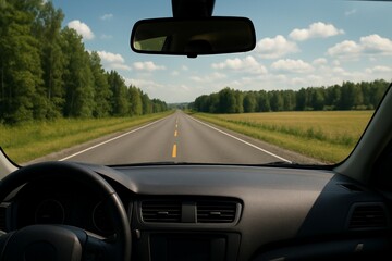 View from the front window of the car on the expresswayView of the road, highway from the windshield of the car. The concept of traveling by car, toll roads.