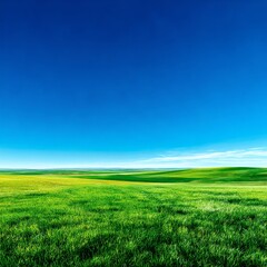 Fototapeta premium Vibrant Green Fields Under a Clear Blue Sky: A serene landscape of rolling hills and lush green grass meeting a brilliant blue horizon.