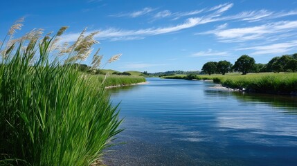 Serene Canal Scene with Rippling Water and Lush Greenery under a Sunny Sky