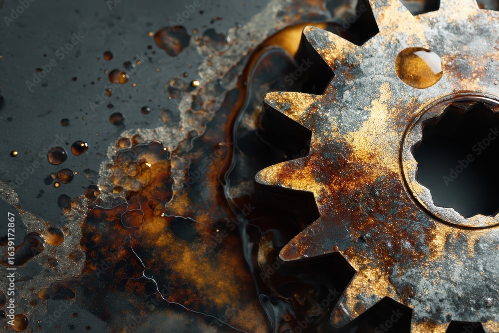Poster close up view of an intricate gear surrounded by splashes of oil against a dark background showcasin