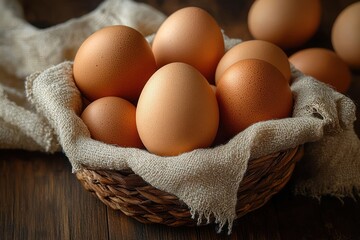 Close-up of fresh brown eggs arranged in a woven basket lined with a textured beige cloth on a wooden surface