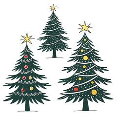 Three stylized christmas trees decorated with ornaments and stars